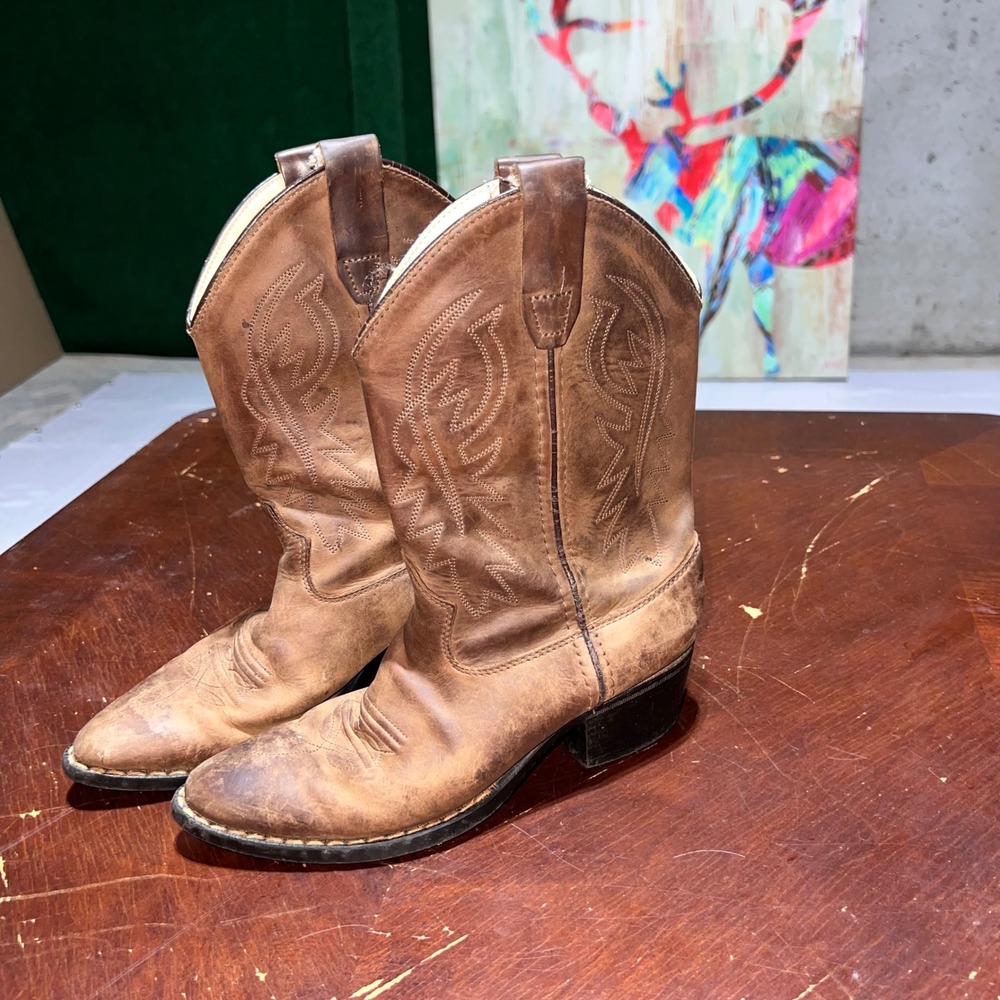 Brown Leather Western Cowboy Boots Point Toe Stitched Distressed B8151 Size 3.0D